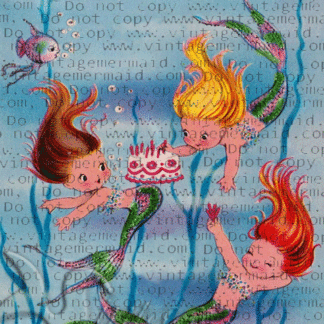 Birthday Celebration Baby Mermaids Quilt Fabric Panel.